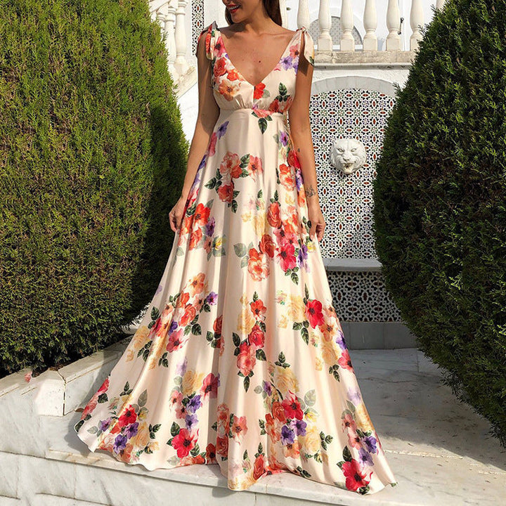 W&W Mode | Bedrucktes Langarmloses Spaghettiträgerkleid mit großem Saum