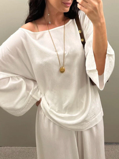 Damen luftiges Off-Shoulder Jumpsuit mit weiten Ärmeln und anpassbarem Bund W&W Mode