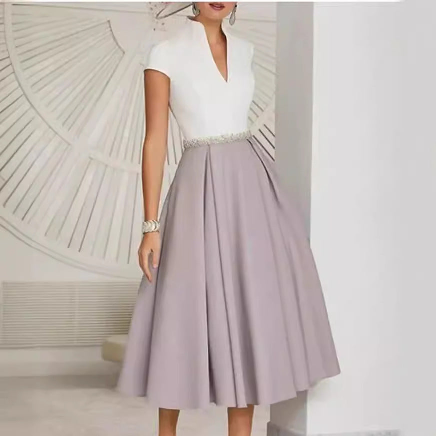 W&W Mode | Weißes Farbblock V-Ausschnitt Ausgestellt Sommerkleid