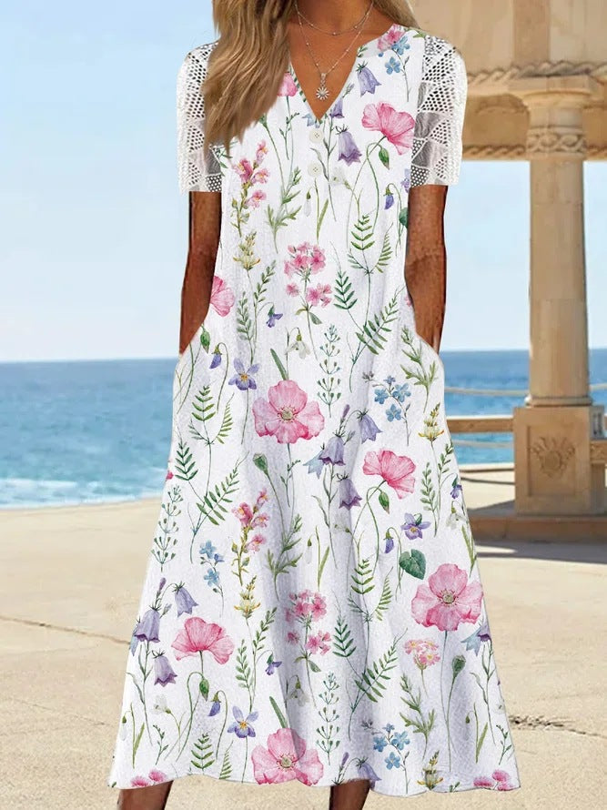 Damen Maxi-Kleid mit floralem Design und praktischem Knopfverschluss W&W Mode