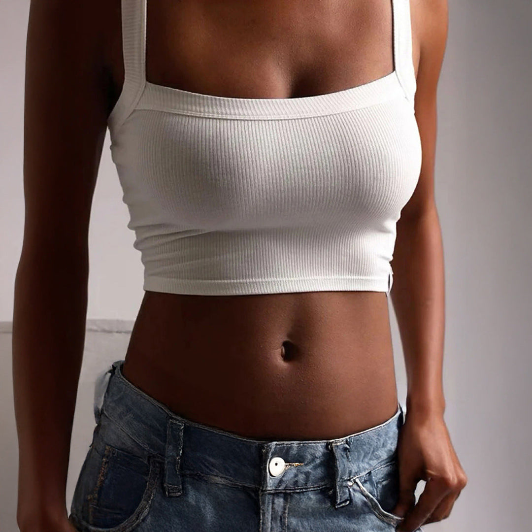 Damen figurbetontes Crop-Top mit breiten Trägern und Rippstruktur W&W Mode