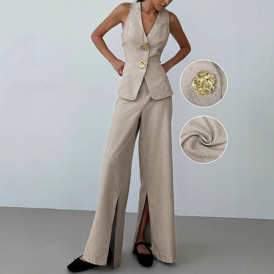Damen elegantes Ensemble aus ärmellosem Blazer und weiten Hosen W&W Mode