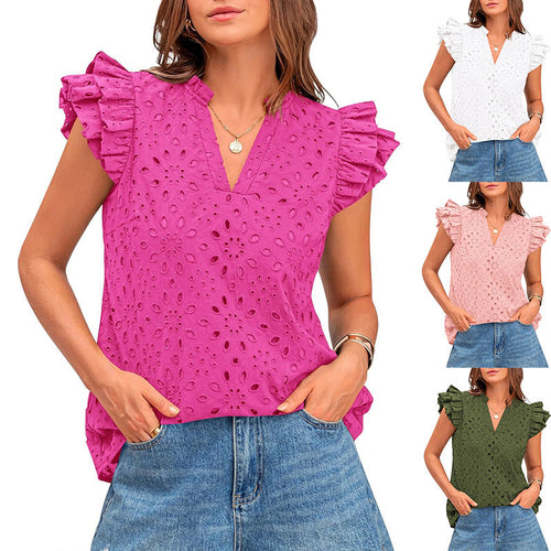 Damen Bluse mit Rüschenärmel und floralem Lochmuster W&W Mode