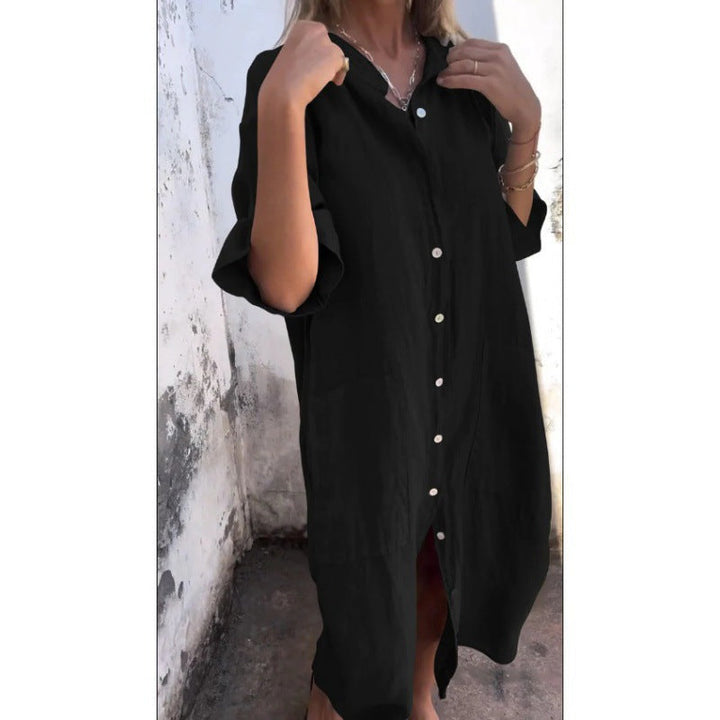 W&W Mode | Lockere lässige Baumwolle-Leinen Hemdkleid mit halben Ärmeln