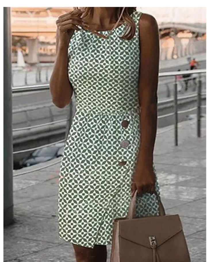 W&W Mode | Ärmelloses bedrucktes grünes Knopf-Casual-Kleid