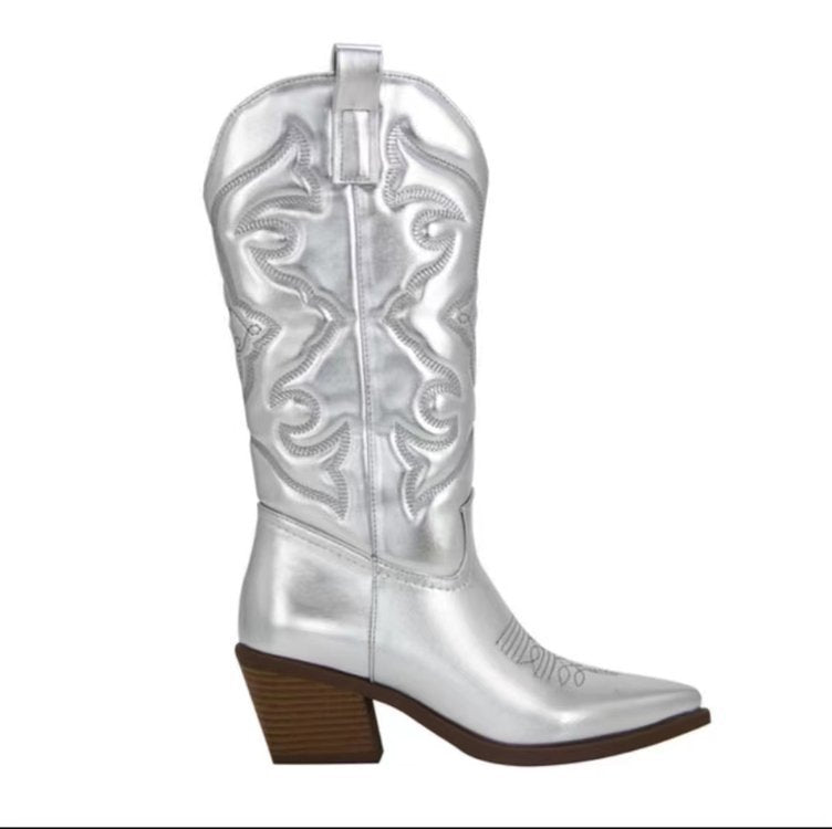Damen Cowboystiefel mit raffiniertem Muster und stabilen Blockabsatz W&W Mode