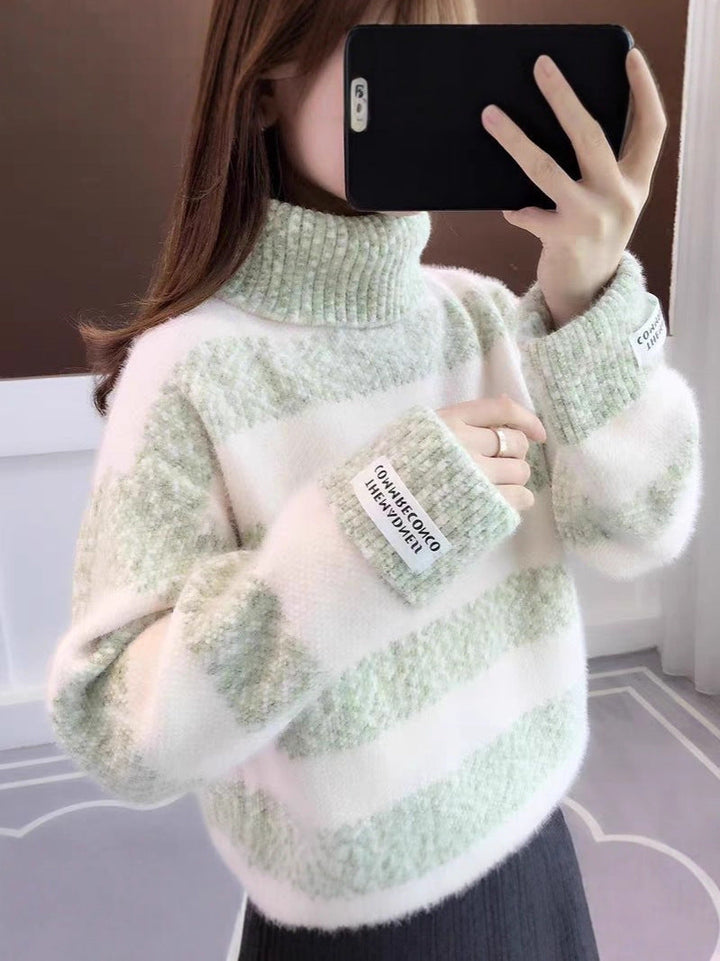 W&W Mode | Gestreifter Rollkragen Strickpullover Für Frauen