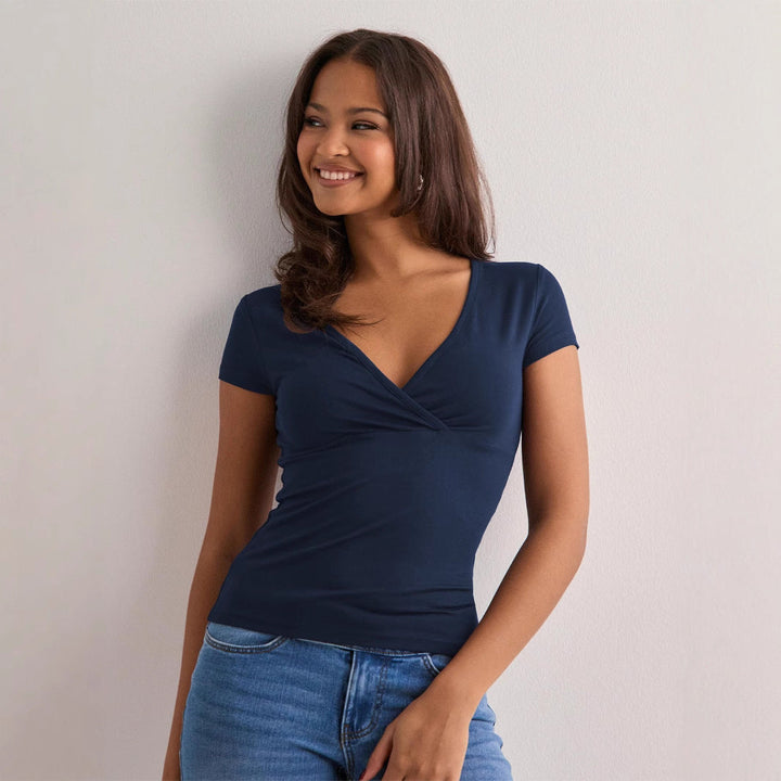 Damen Wickeloberteil mit elegantem Raffungseffekt und figurbetontem Schnitt W&W Mode