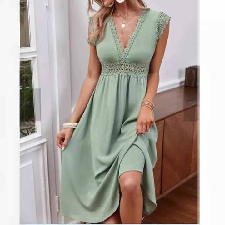 Damen-Midikleid mit V-Ausschnitt, Spitze und kurzen Ärmeln