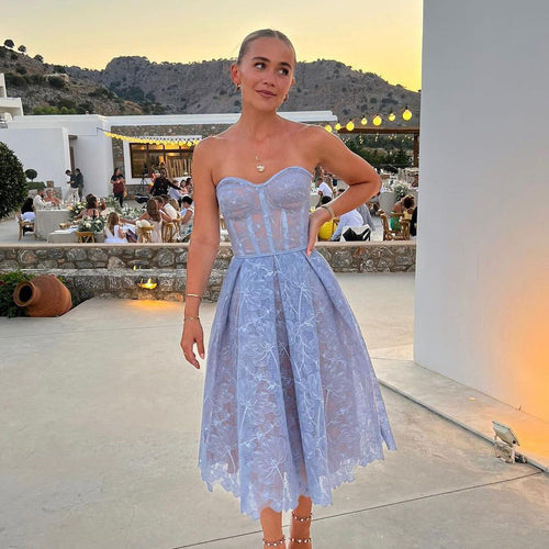 Damen trägerloses Spitzen-Midikleid mit Korsettoberteil