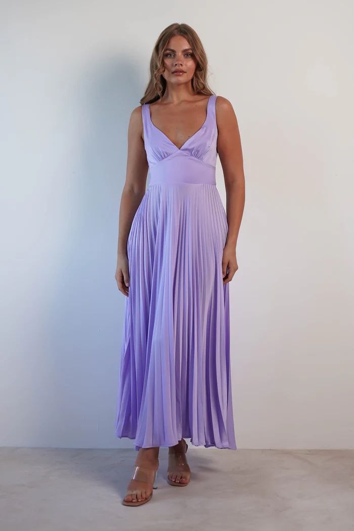Damen Plissiertes Maxikleid mit V-Ausschnitt und schwingendem Rock W&W Mode