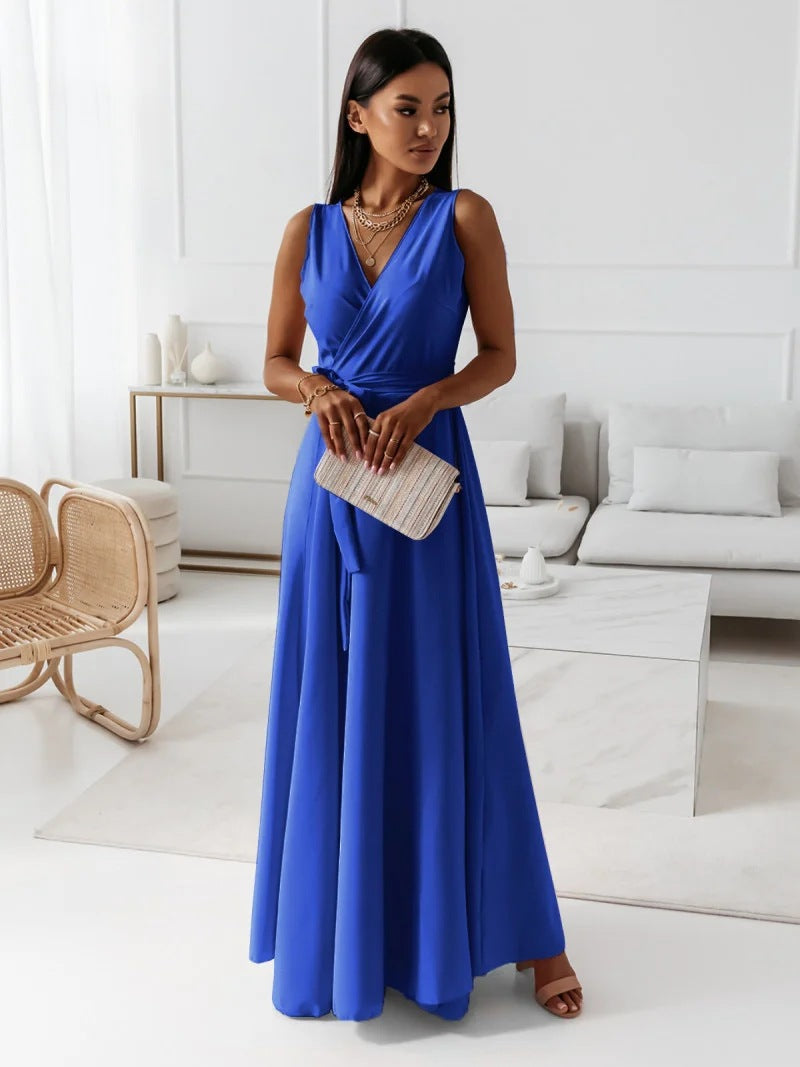 W&W Mode | Damen schlichtes langes Kleid mit V-Ausschnitt