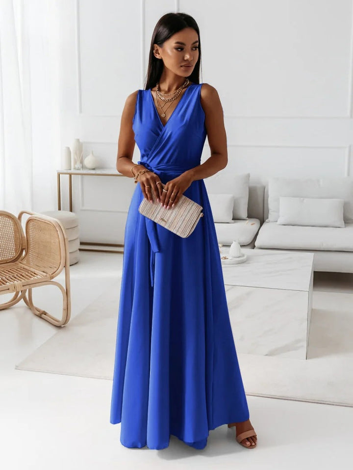 W&W Mode | Damen schlichtes langes Kleid mit V-Ausschnitt