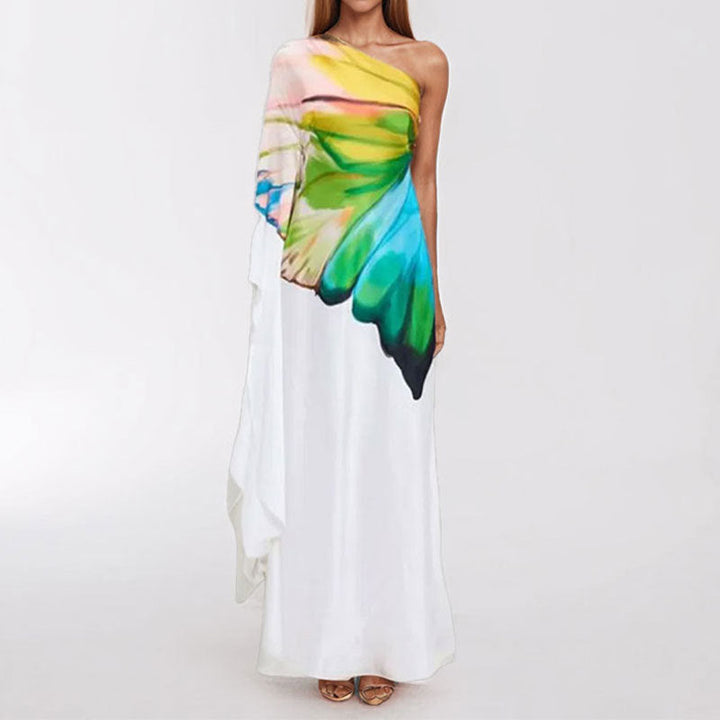 Damen Maxikleid mit asymmetrischem Design und künstlerischem Druck W&W Mode