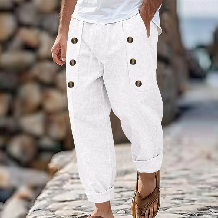 Herren Bequeme Leinenhose mit seitlichen Knöpfen und elastischem Bund W&W Mode