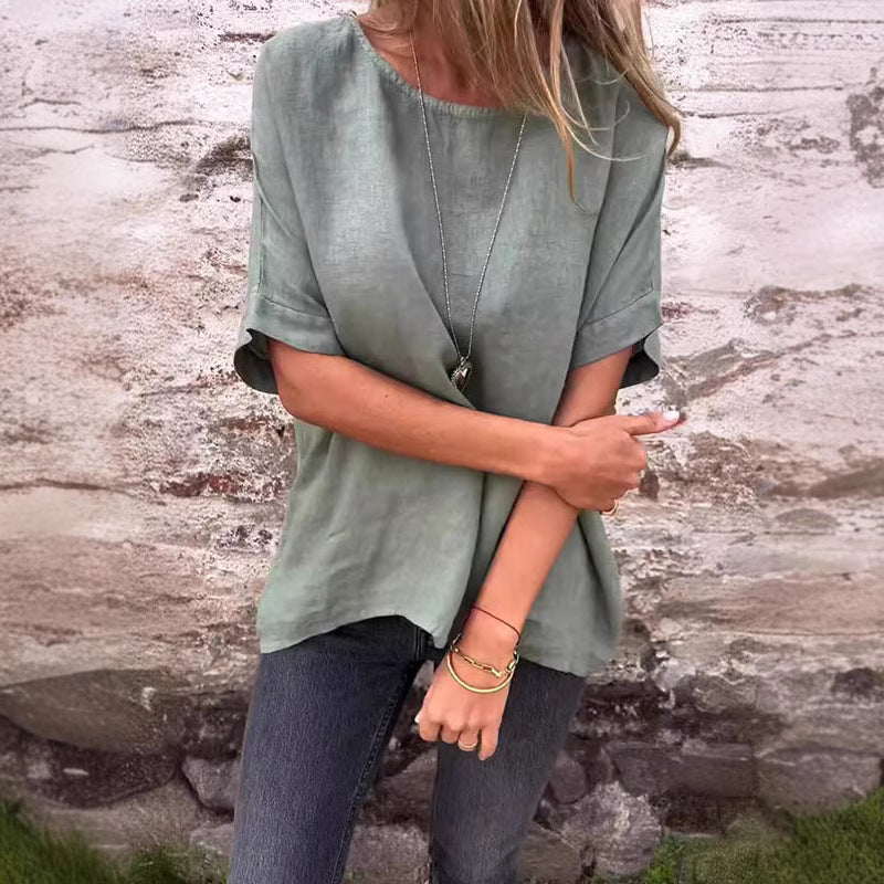Damen Leinenbluse mit lockerem Schnitt und modischen Halbärmeln W&W Mode