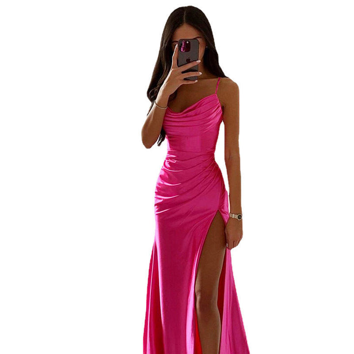 Damen-Satinkleid mit V-Ausschnitt, hoher Taille und Schlitz