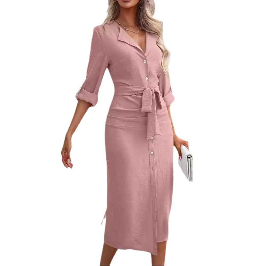 Damen knielanges Hemdblusenkleid mit Gürtel und modernem Revers W&W Mode
