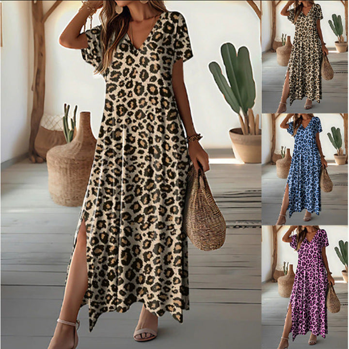 Damen Maxikleid mit modernem Leopardenmuster und seitlichen Schlitzen W&W Mode