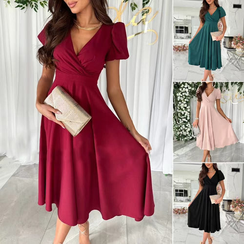 W&W Mode | Stylisches Pendeln Unifarbe V-Ausschnitt Puffärmel Kleid