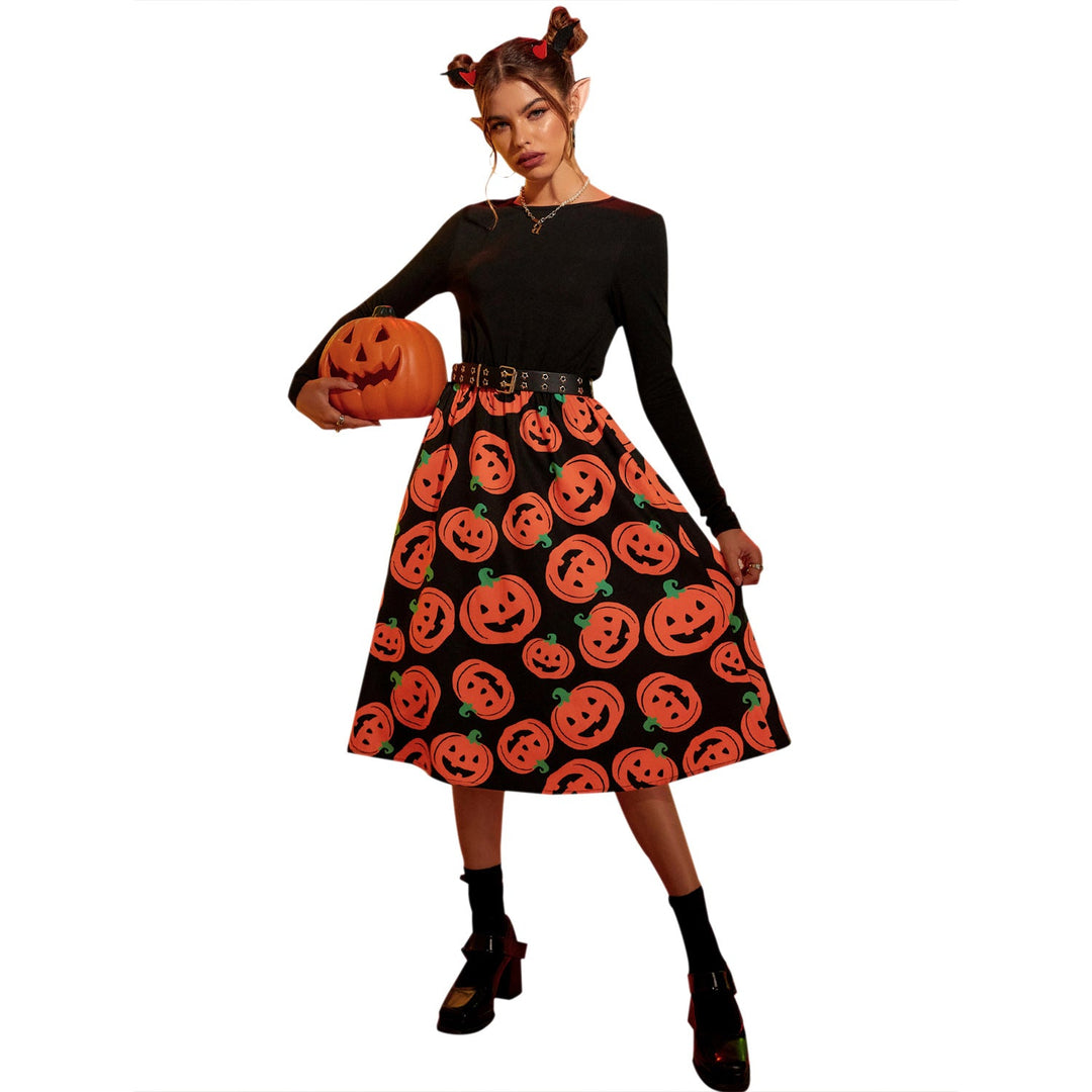 Damen Midikleid mit langen Ärmeln und Halloween-Motiv W&W Mode