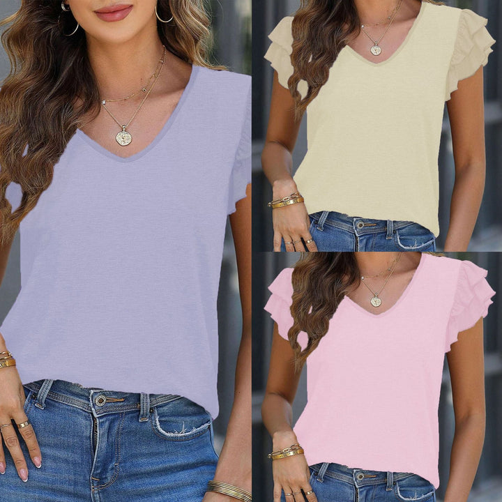 Damen V-Ausschnitt T-Shirt mit Rüschendetails und weich fließendem Stoff W&W Mode
