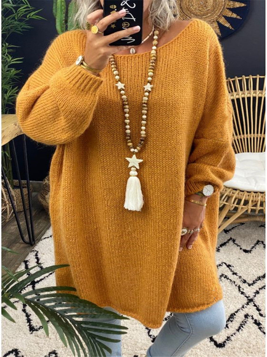 Damen lässiger Langarmstrickpullover im Oversized-Stil mit seitlichen Schlitzen W&W Mode