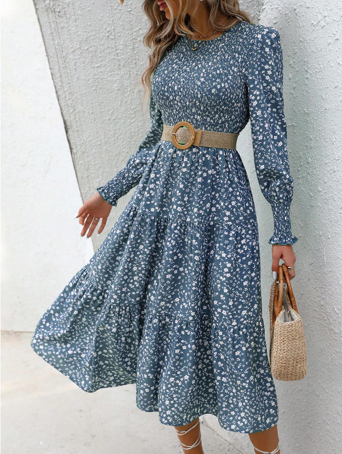 Damen florales Midi-Kleid mit geraffter Taille und langen Ärmeln W&W Mode
