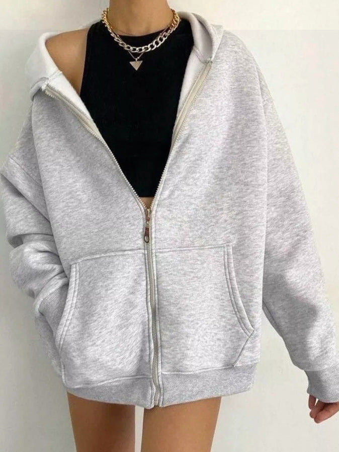 Damen oversized Kapuzenpullover mit Reißverschluss und praktischen Taschen W&W Mode