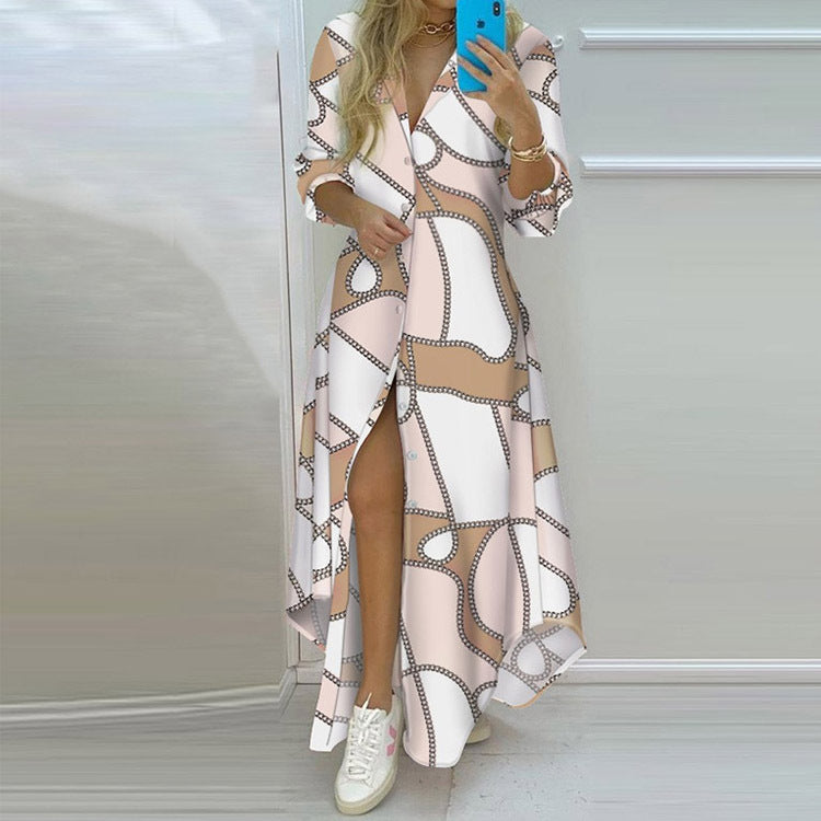 Damen Langarmhemdmaxikleid mit grafischem Muster und seitlichem Schlitz W&W Mode