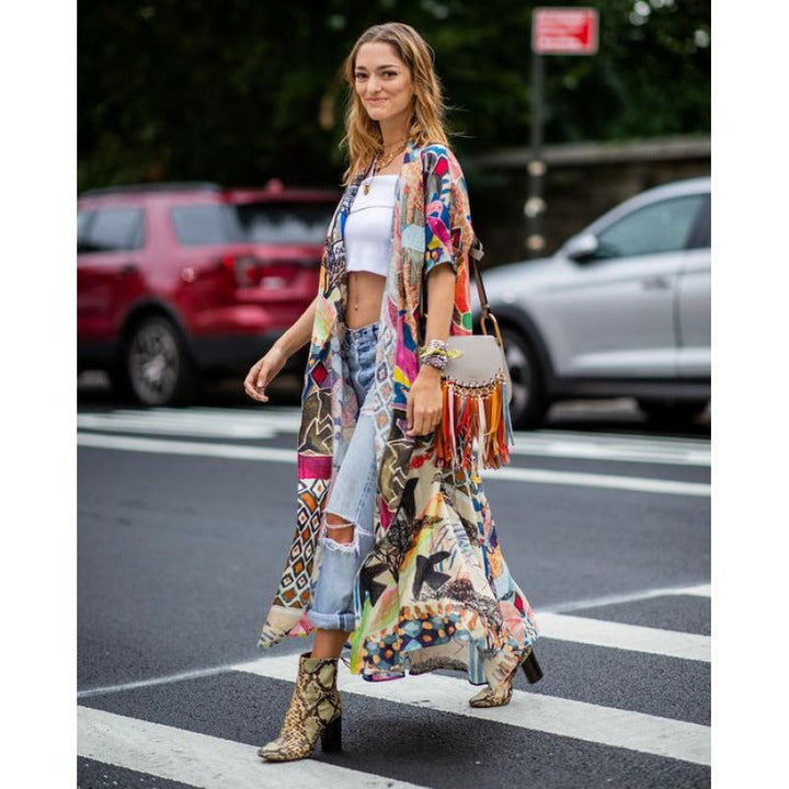 Damen Kimono-Überwurf mit buntem Patchwork-Design und leichtem Stoff W&W Mode