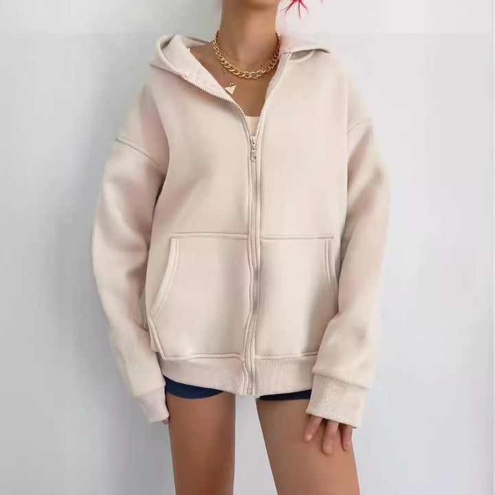 Damen oversized Kapuzenpullover mit Reißverschluss und praktischen Taschen W&W Mode