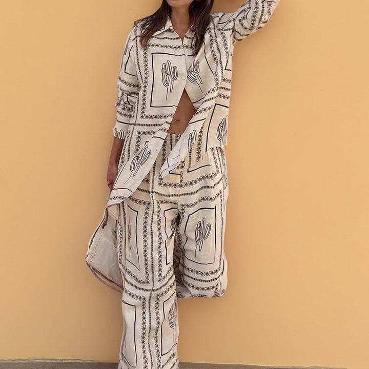 Damen Elegantes Set aus lässiger Bluse und weit geschnittenen Hosen W&W Mode