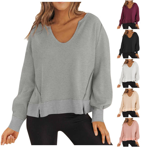 Damen lässiger Waffel-Pullover mit V-Ausschnitt und seitlichen Schlitzen W&W Mode