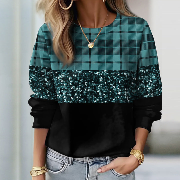 Damen Glitzer-Sweatshirt mit Karomuster und lässigem Schnitt W&W Mode