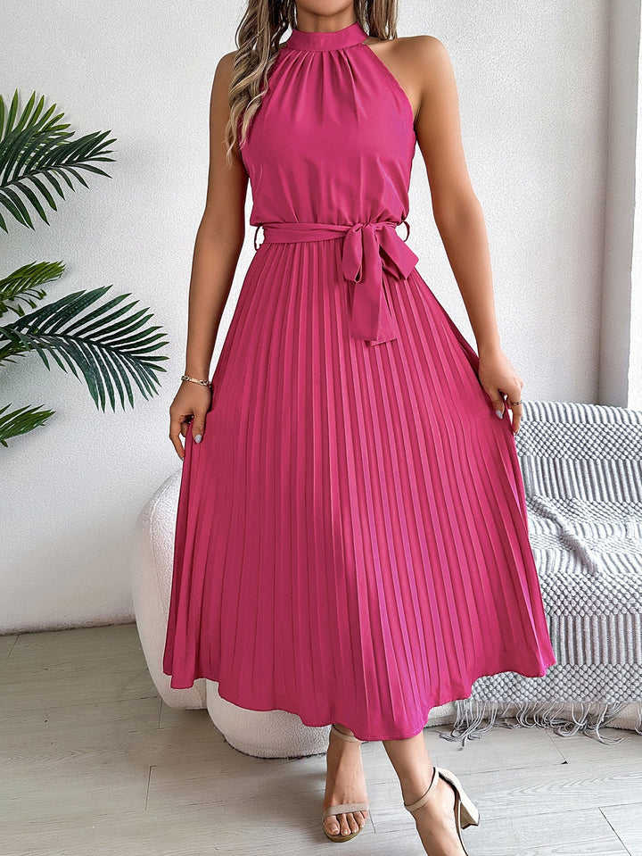 W&W Mode | Frühling Elegante Stehkragen Taille-betonte Falten Maxi Kleid