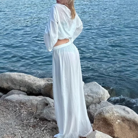 Damen luftiges Off-Shoulder Jumpsuit mit weiten Ärmeln und anpassbarem Bund W&W Mode