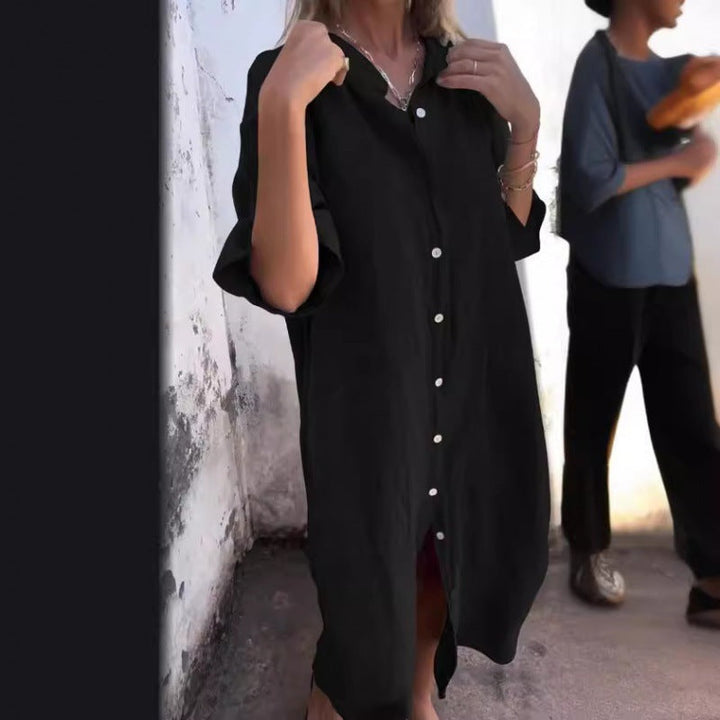 W&W Mode | Lockere lässige Baumwolle-Leinen Hemdkleid mit halben Ärmeln