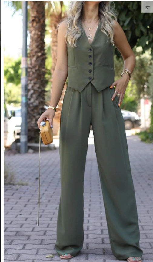 Ärmellose V-Ausschnitt Weste mit Weitem Bein Hose Ensemble
