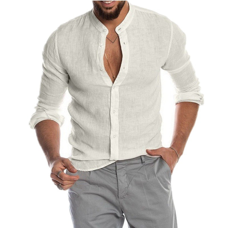 Herren lässiges Leinenhemd mit modischem Henley-Ausschnitt und hochwertiger Knopfdetail W&W Mode