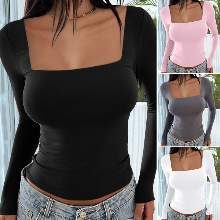 Damen figurbetontes Langarmshirt mit quadratischem Ausschnitt und Raffung W&W Mode