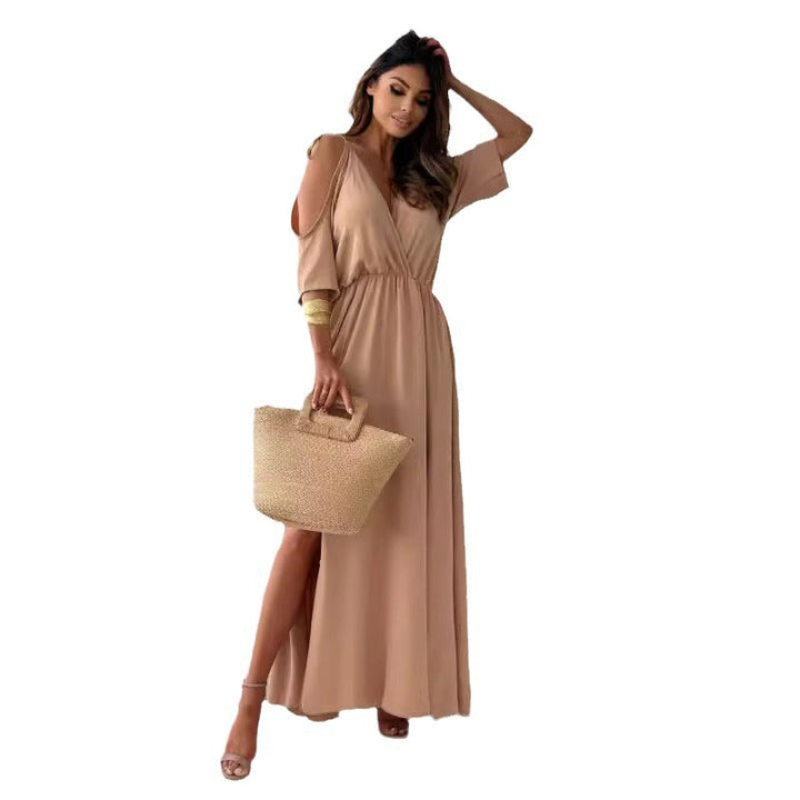W&W Mode | Satin-Träger-Spitzen-V-Ausschnitt-Langes Kleid