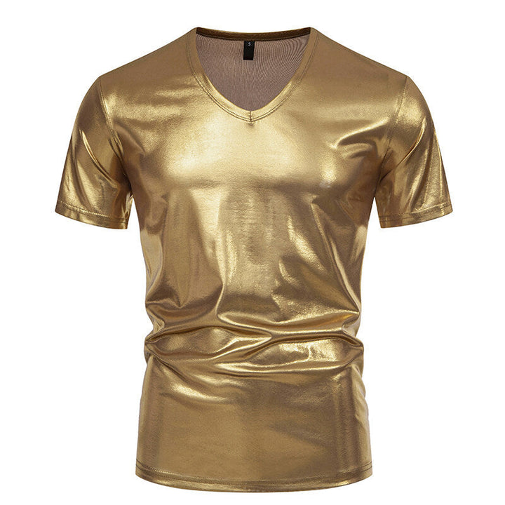 Herren Glänzendes Metallisches V-Ausschnitt T-Shirt W&W Mode
