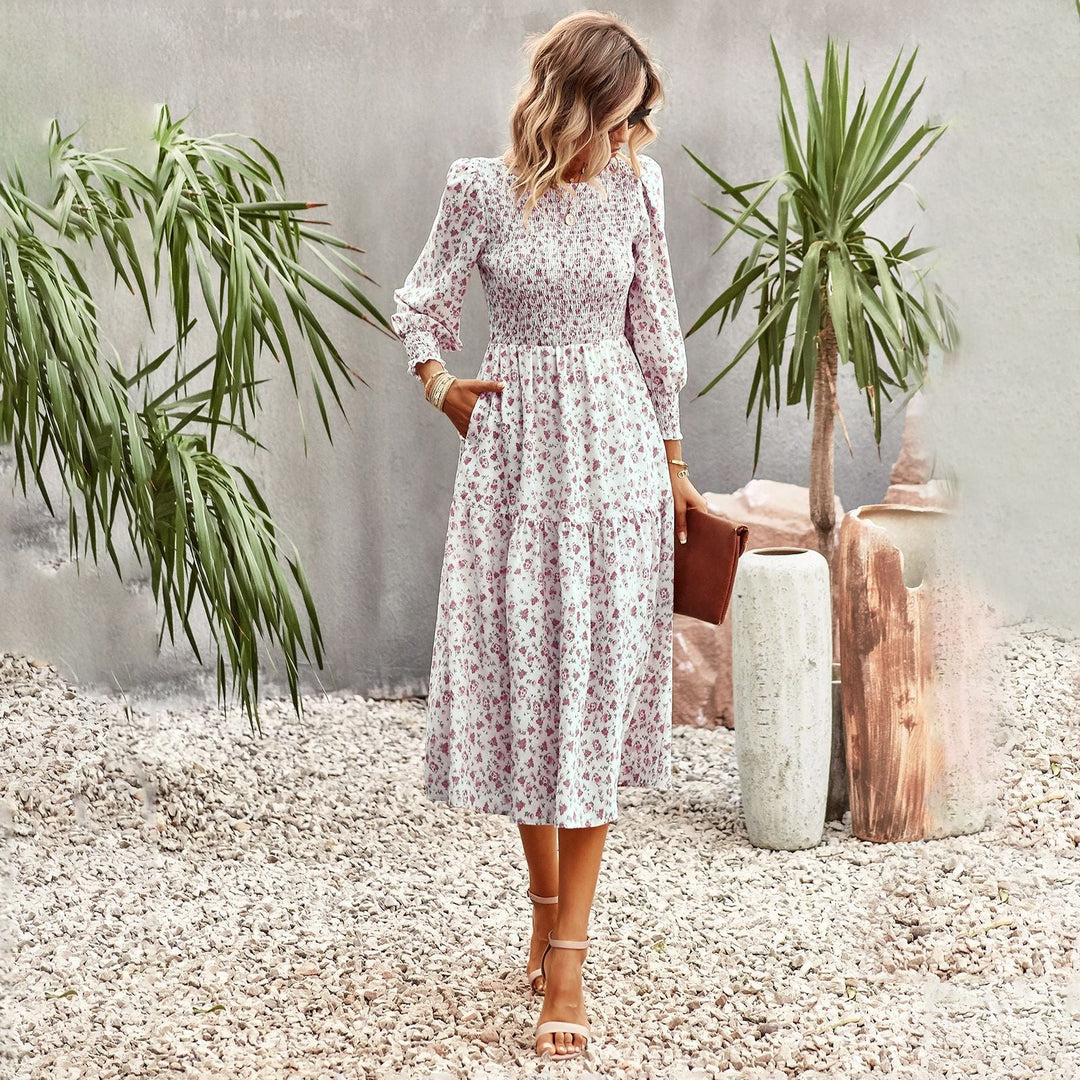Damen florales Midi-Kleid mit geraffter Taille und langen Ärmeln W&W Mode