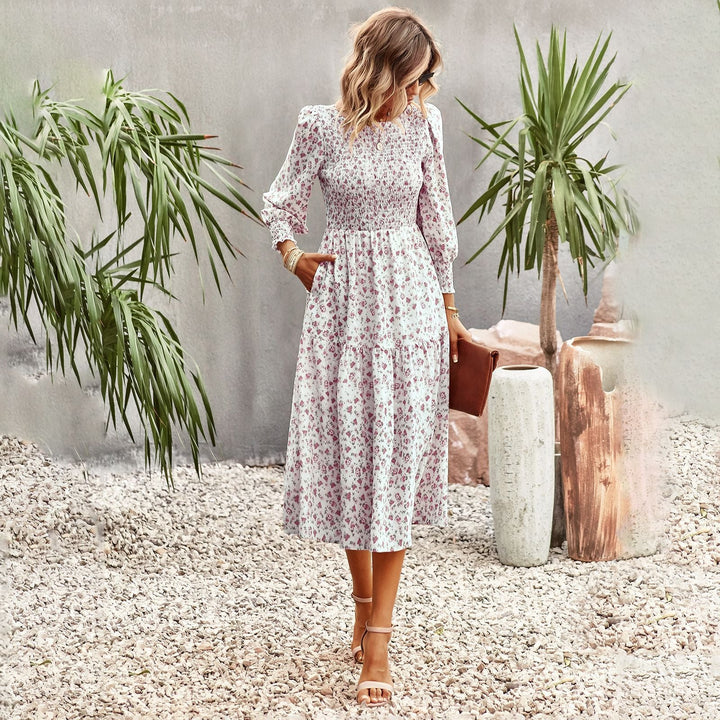 Damen florales Midi-Kleid mit geraffter Taille und langen Ärmeln W&W Mode