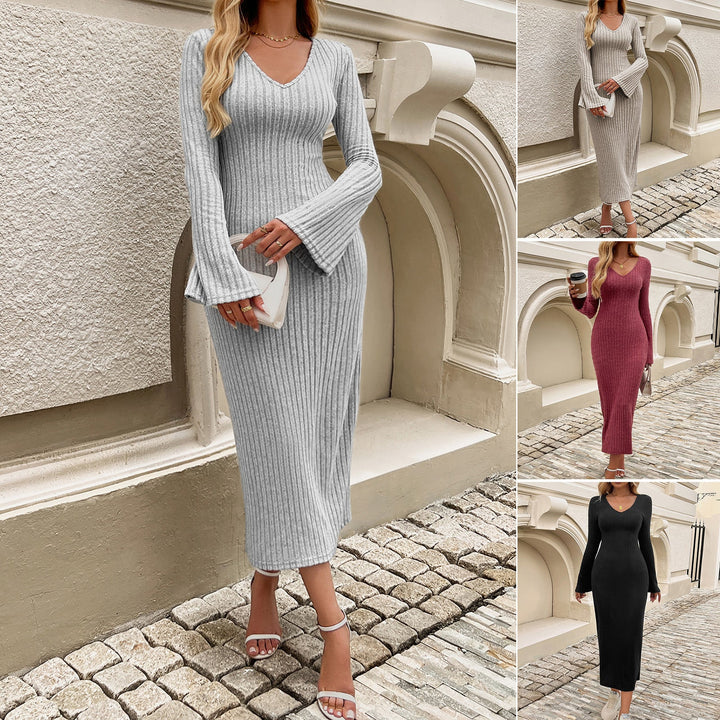 Damen Strick-Midi-Kleid mit V-Ausschnitt und voluminösen Ärmeln W&W Mode