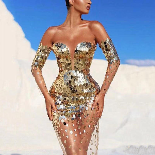 Damen Glamouröses Partykleid mit Pailletten und tiefem Ausschnitt W&W Mode