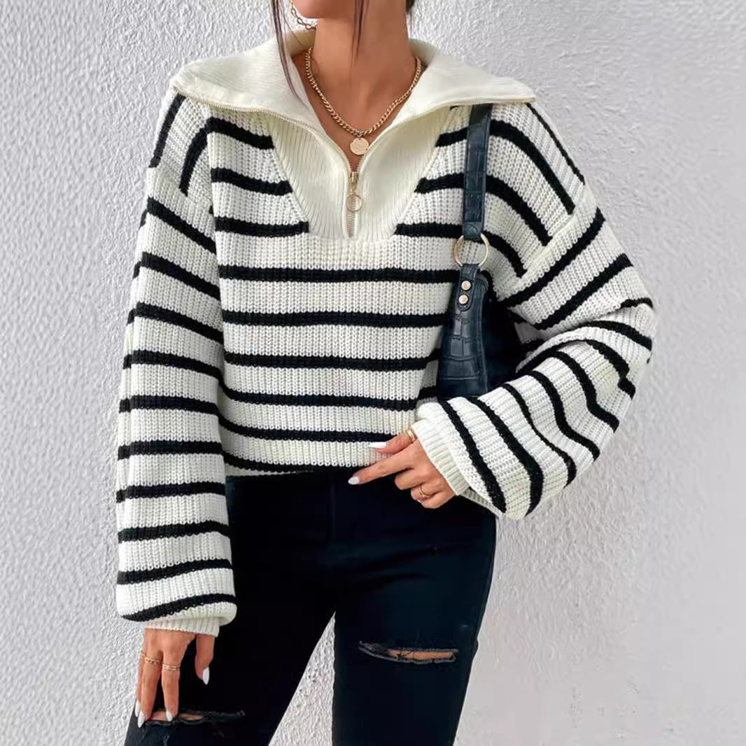 Damen stylischer Strickpullover mit hochgeschlossenem Kragen und lässigem Schnitt W&W Mode