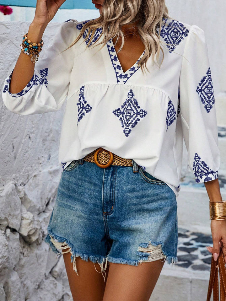 W&W Mode | Boho Chic V-ausschnitt Bestickte Bluse Für Frauen