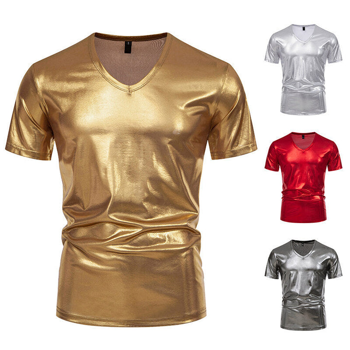 Herren Glänzendes Metallisches V-Ausschnitt T-Shirt W&W Mode